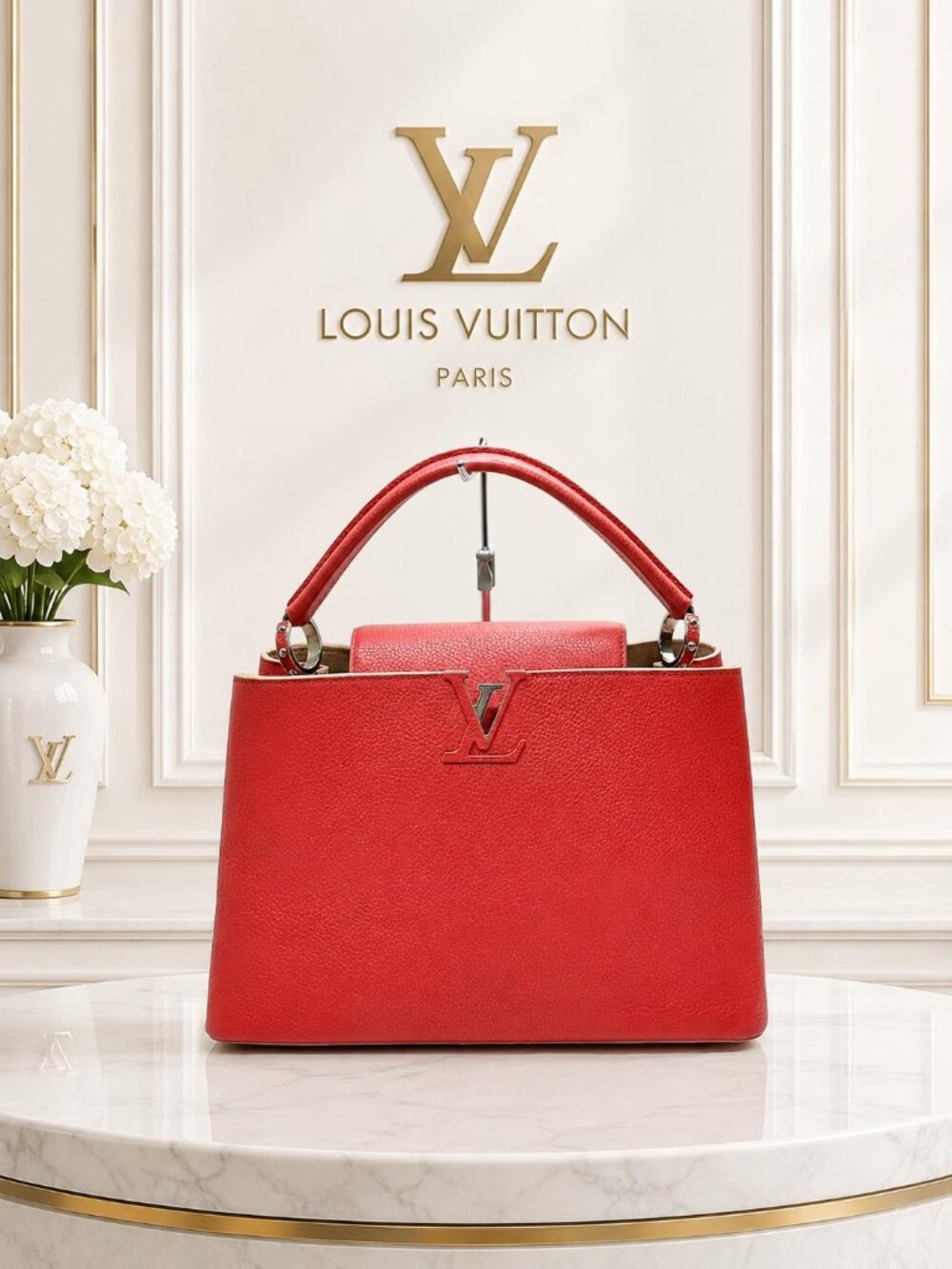 Authentic Louis Vuitton Capucines MM Red Leather Shoulder Bag
